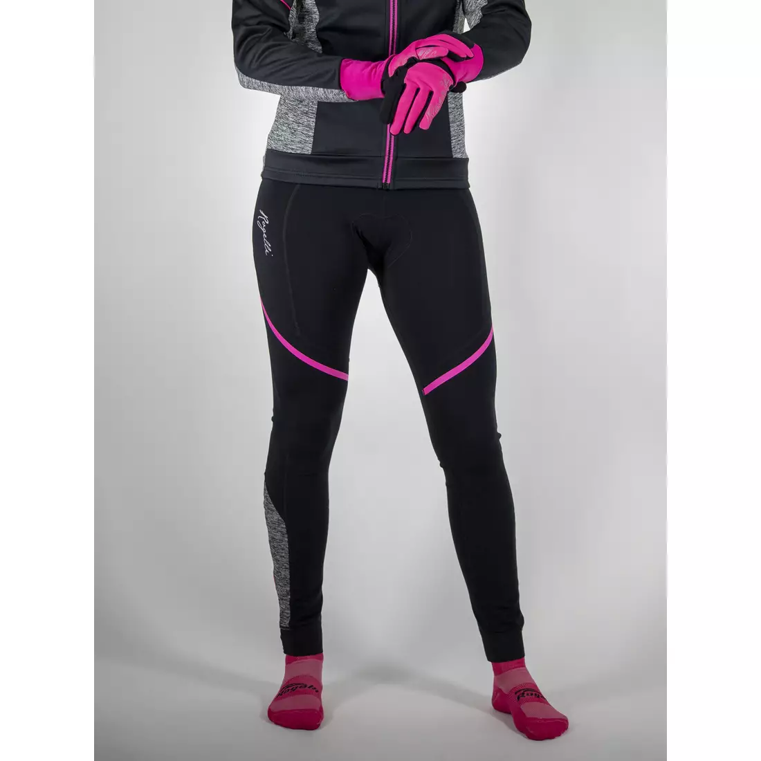 ROGELLI CAROU 2.0 dámske zateplené cyklistické nohavice, traky, čierno-ružovo-šedé