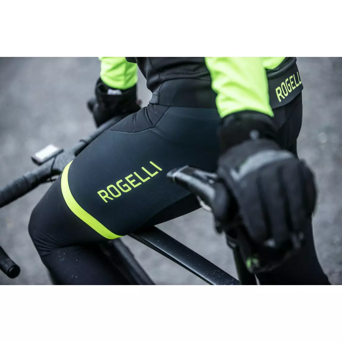 ROGELLI FUSE pánske zateplené cyklistické nohavice so šľapkami, čierne a fluórové