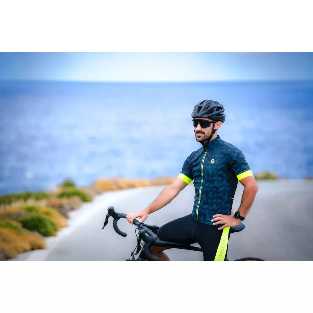 Rogelli RUBIK pánsky cyklistický dres, modrý-fluór
