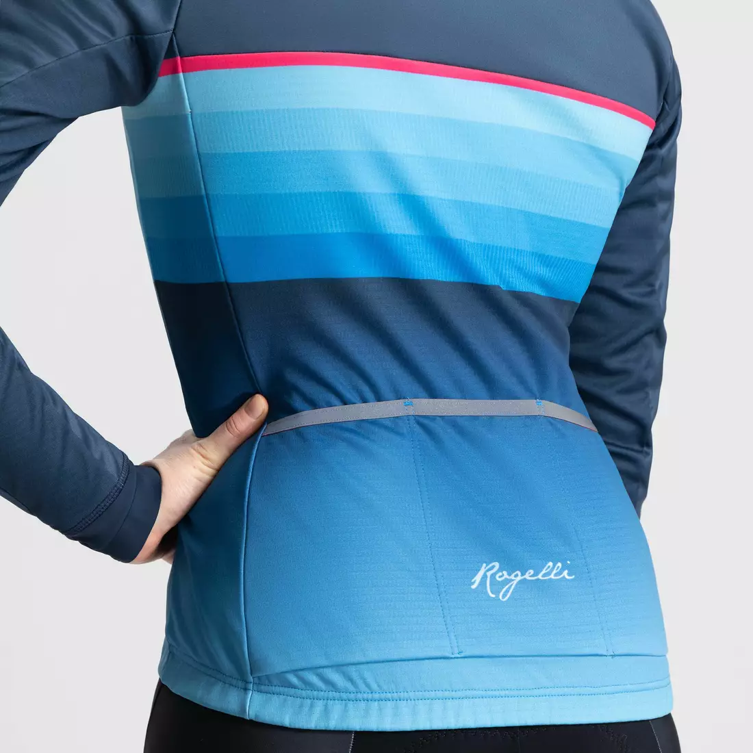 Dámska zimná cyklistická bunda Rogelli z membrány IMPRESS II modrej a ružovej farby