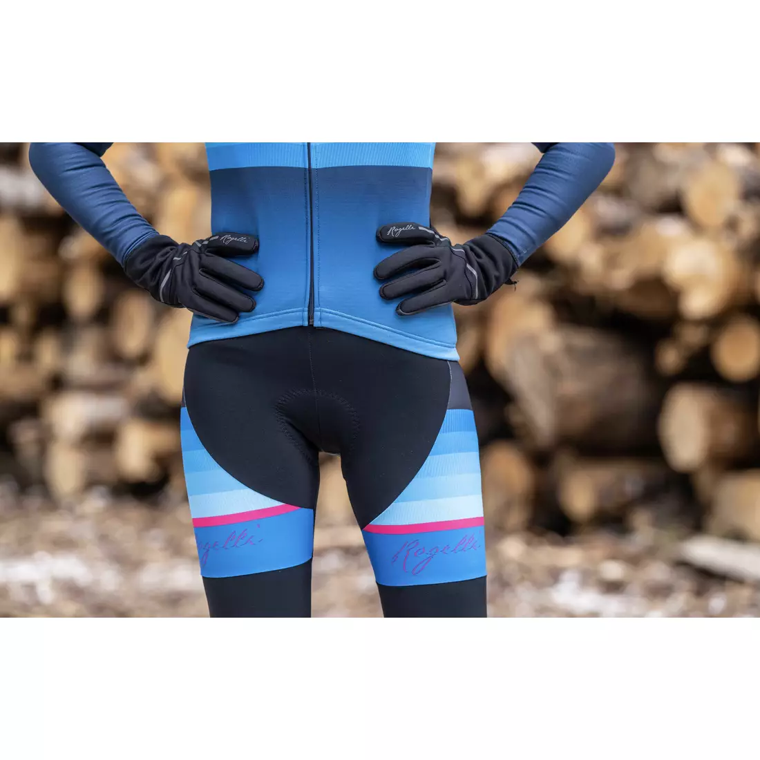 Dámske zateplené cyklistické nohavice Rogelli s trakmi IMPRESS II, modré a ružové